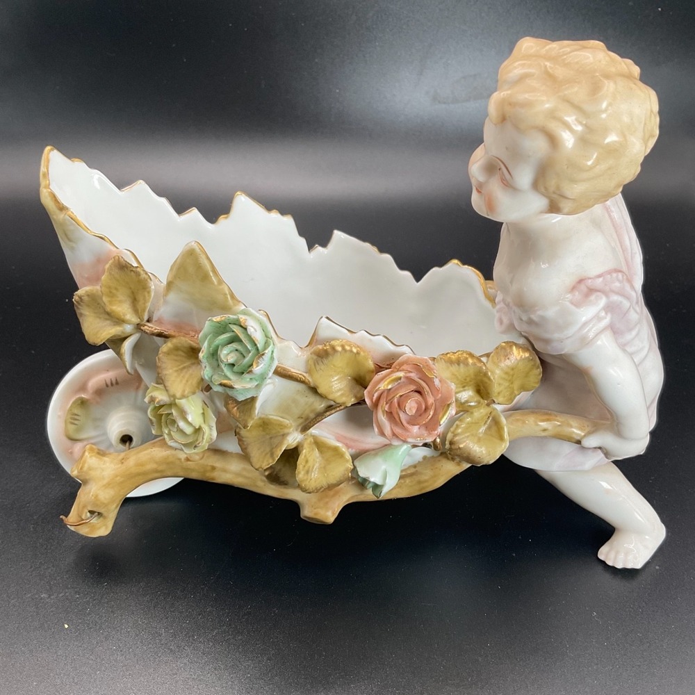 Rare Antique VOIGHT Brothers Sitzendorf Germany Cherub Putti Pushing Wheelbarrow